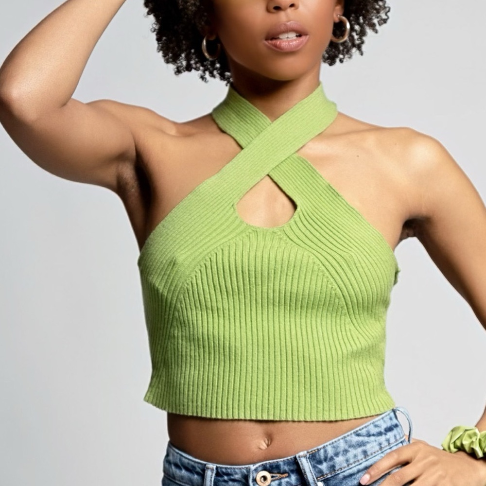 Green Knit halter top (crop top)